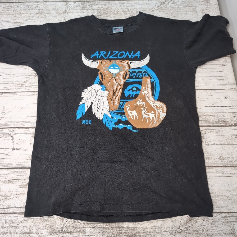 Vintage Single Stitch Oneita Arizona Steer Southwestern Aztec Graphic Shirt XL